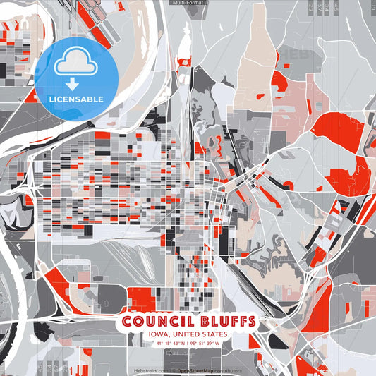Council Bluffs, Iowa, United States - modern street map poster template with gray and red tones