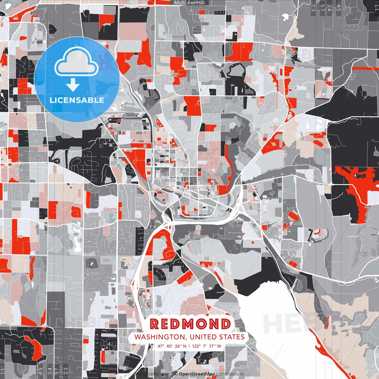 Redmond, Washington, United States - modern street map poster template with gray and red tones
