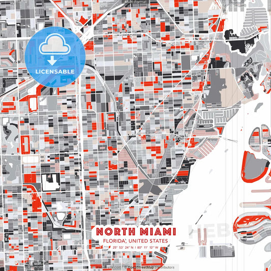 North Miami, Florida, United States - modern street map poster template with gray and red tones