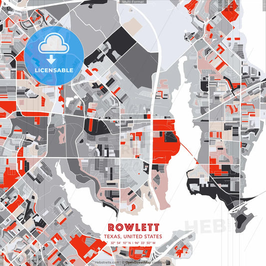 Rowlett, Texas, United States - modern street map poster template with gray and red tones