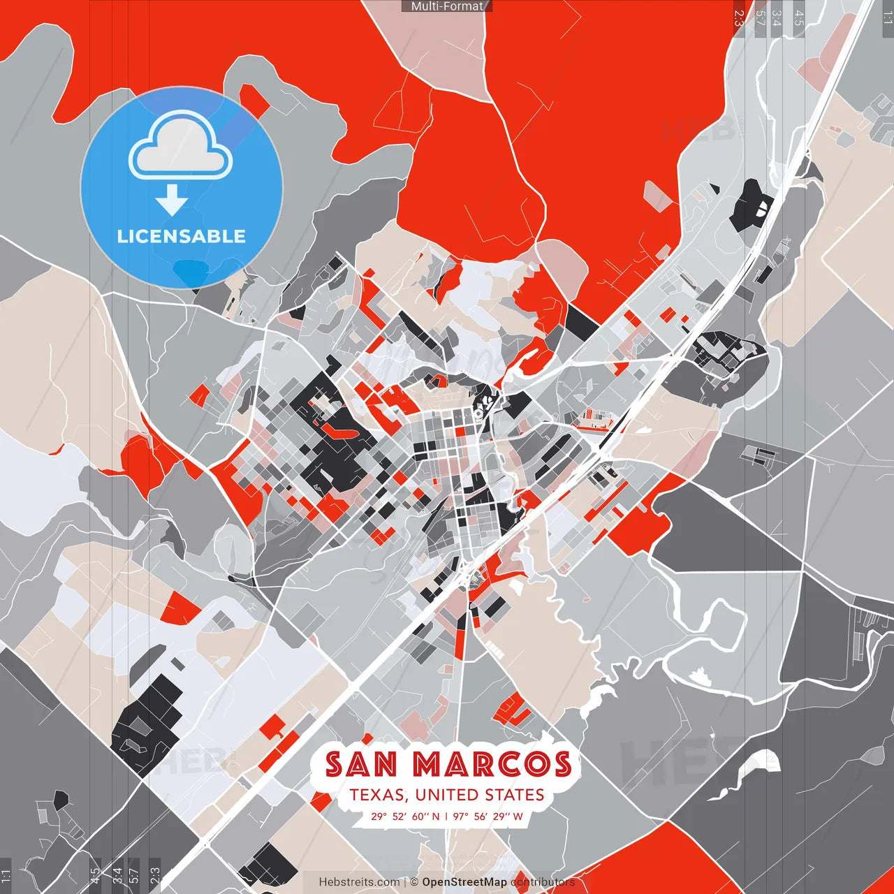 San Marcos, Texas, United States - modern street map poster template with gray and red tones