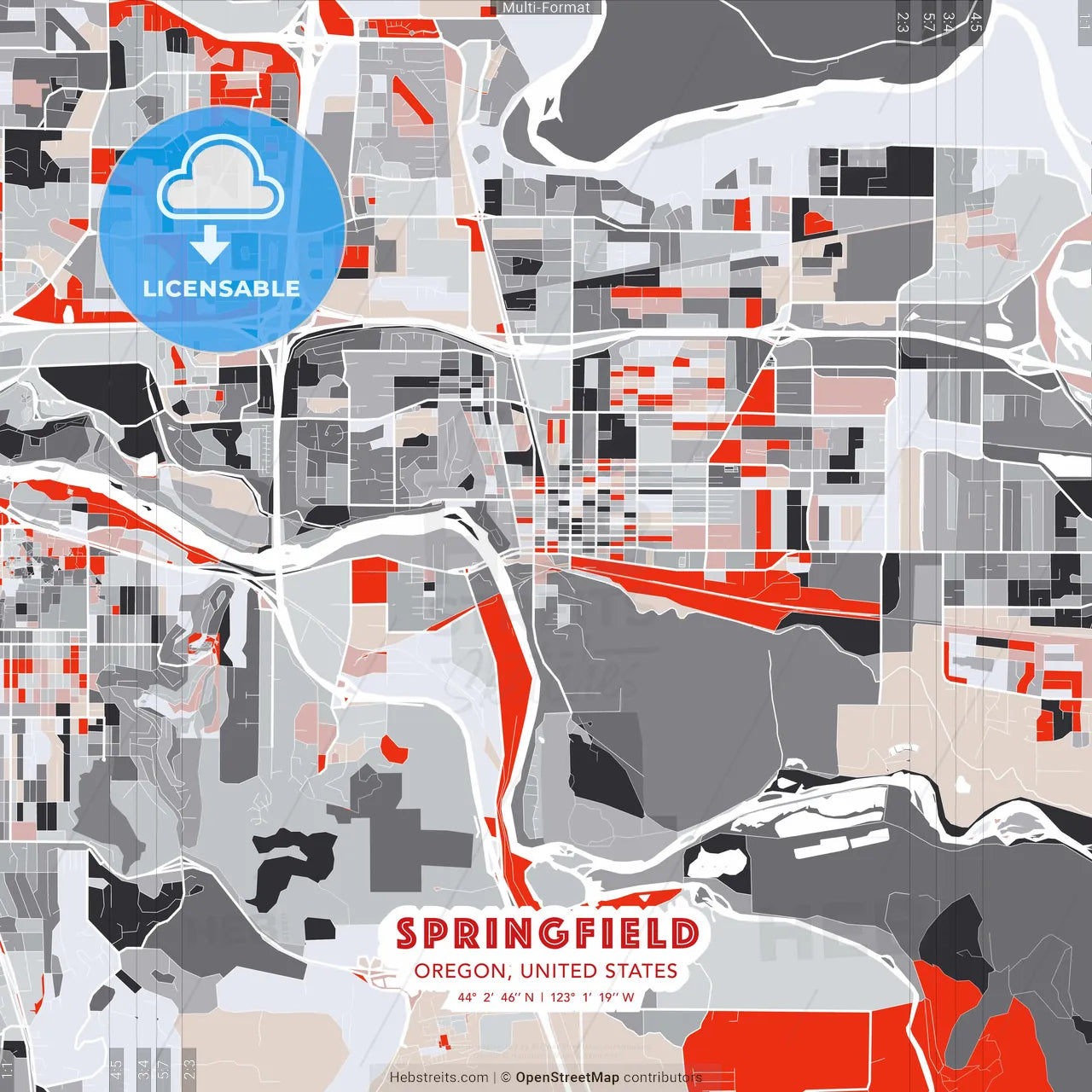 Springfield, Oregon, United States - modern street map poster template with gray and red tones