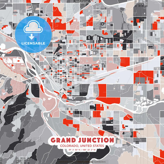 Grand Junction, Colorado, United States - modern street map poster template with gray and red tones