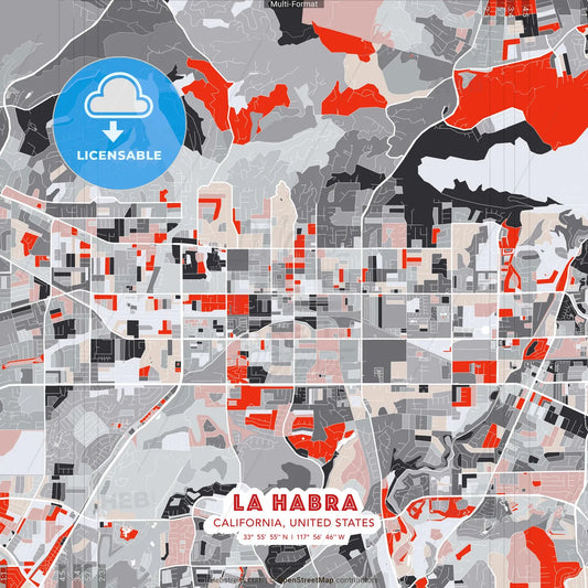 La Habra, California, United States - modern street map poster template with gray and red tones