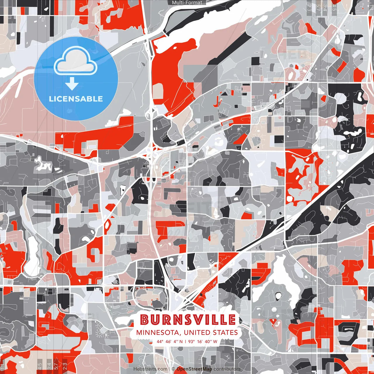 Burnsville, Minnesota, United States - modern street map poster template with gray and red tones