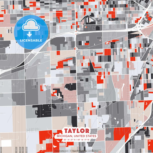 Taylor, Michigan, United States - modern street map poster template with gray and red tones