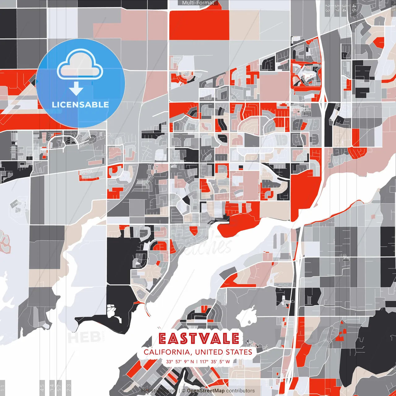 Eastvale, California, United States - modern street map poster template with gray and red tones