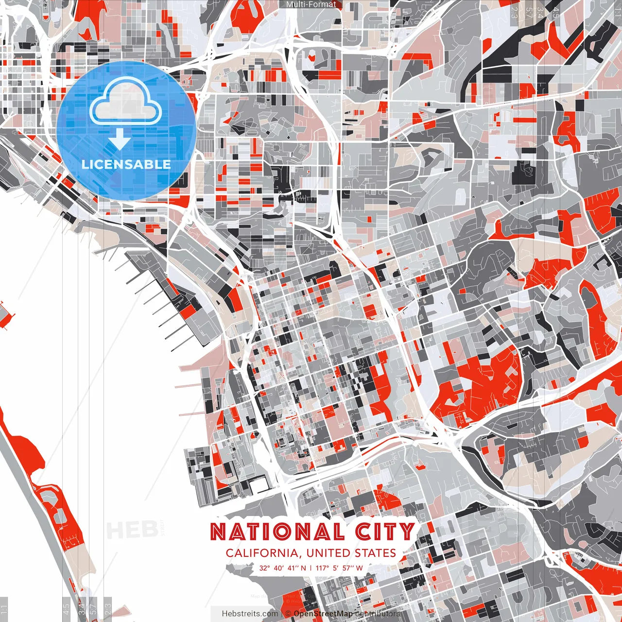 National City, California, United States - modern street map poster template with gray and red tones
