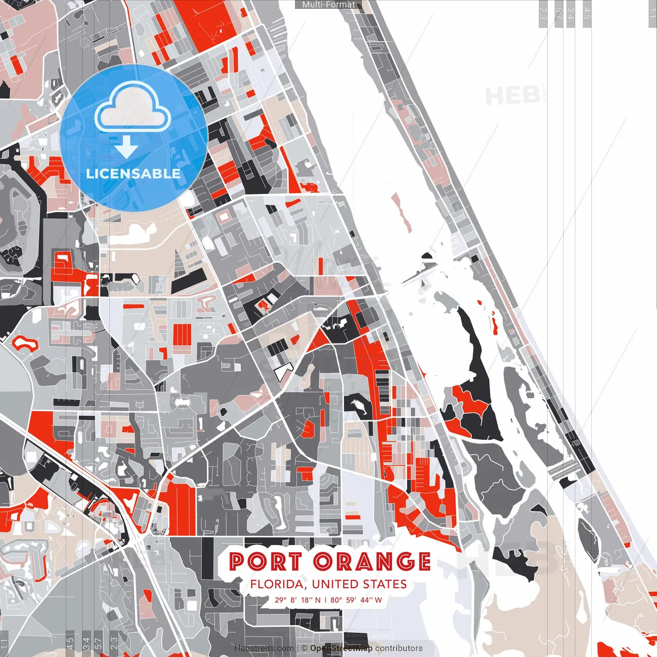 Port Orange, Florida, United States - modern street map poster template with gray and red tones