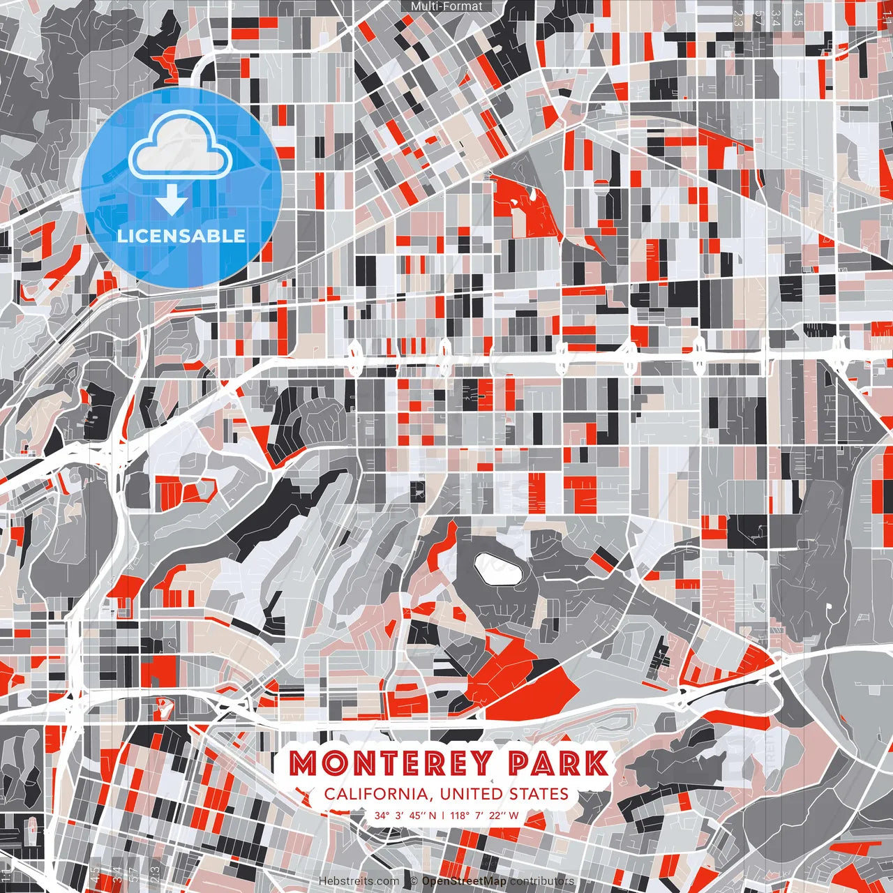 Monterey Park, California, United States - modern street map poster template with gray and red tones