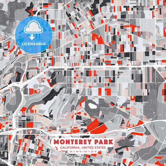 Monterey Park, California, United States - modern street map poster template with gray and red tones