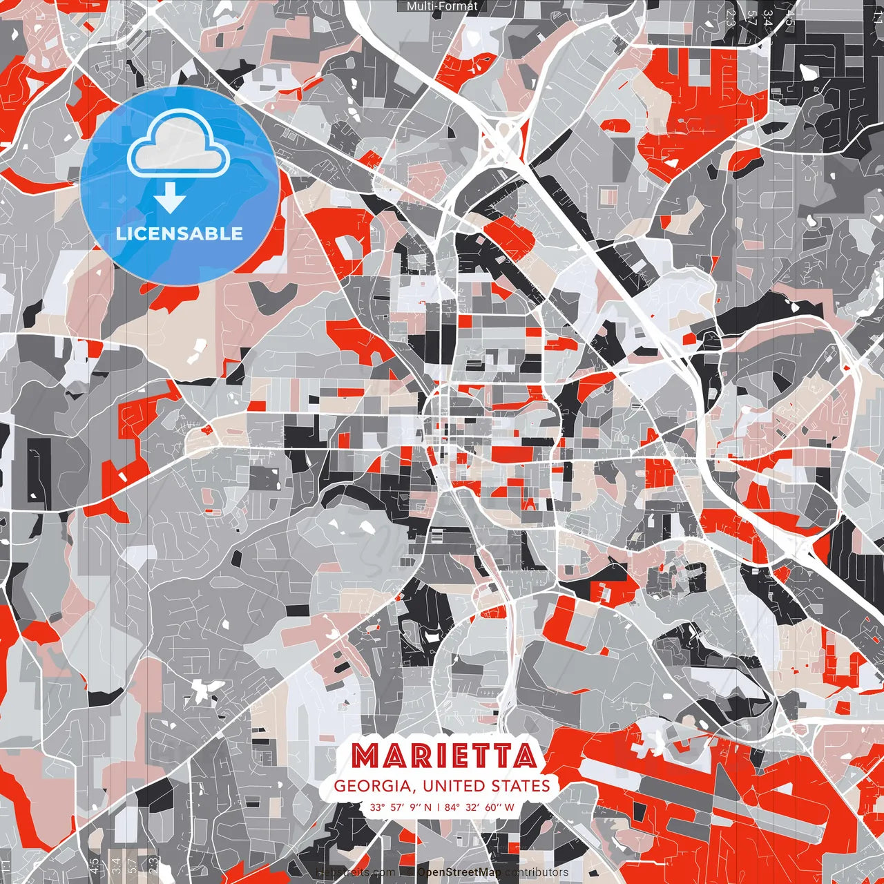 Marietta, Georgia, United States - modern street map poster template with gray and red tones