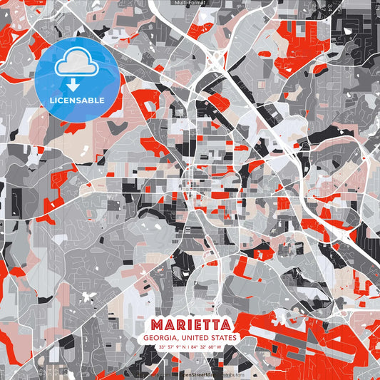 Marietta, Georgia, United States - modern street map poster template with gray and red tones