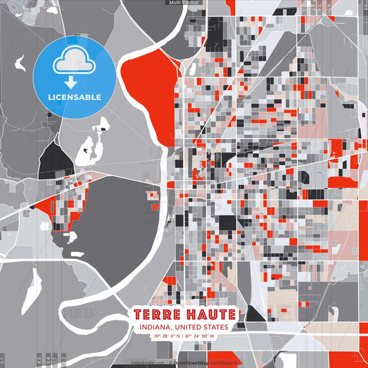 Terre Haute, Indiana, United States - modern street map poster template with gray and red tones