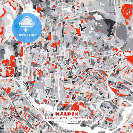 Malden, Massachusetts, United States - modern street map poster template with gray and red tones
