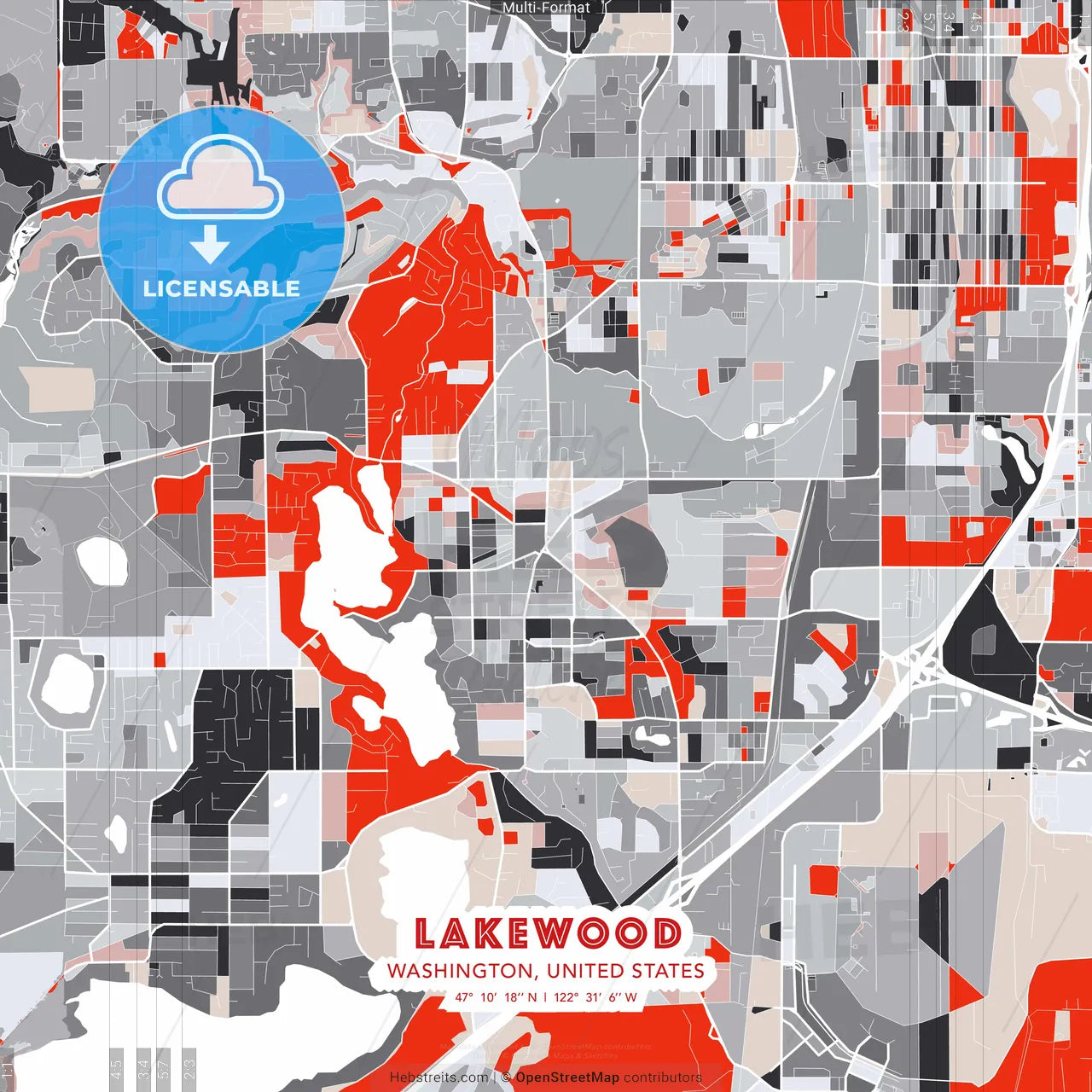 Lakewood, Washington, United States - modern street map poster template with gray and red tones