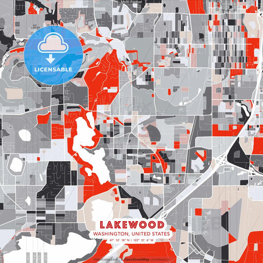 Lakewood, Washington, United States - modern street map poster template with gray and red tones