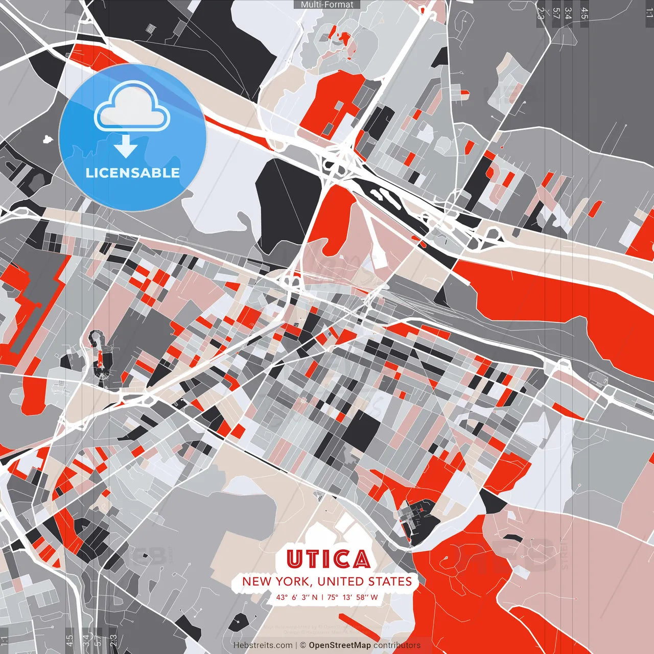 Utica, New York, United States - modern street map poster template with gray and red tones