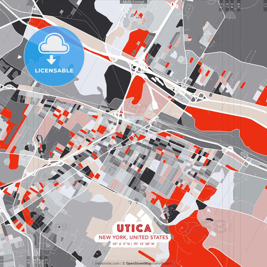 Utica, New York, United States - modern street map poster template with gray and red tones