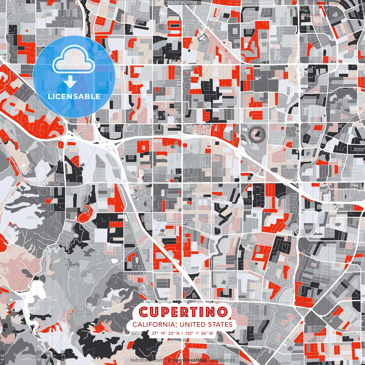 Cupertino, California, United States - modern street map poster template with gray and red tones