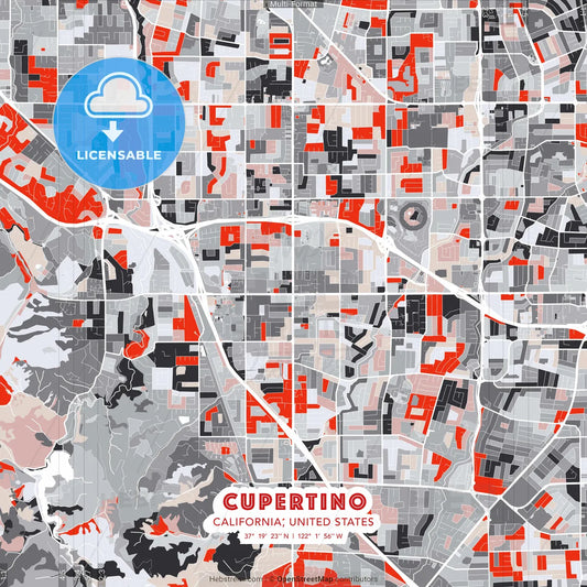 Cupertino, California, United States - modern street map poster template with gray and red tones