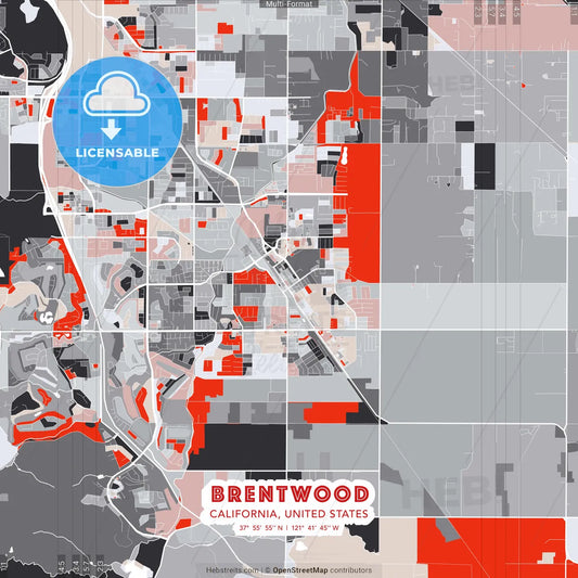 Brentwood, California, United States - modern street map poster template with gray and red tones
