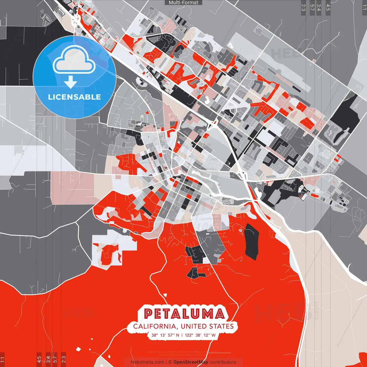 Petaluma, California, United States - modern street map poster template with gray and red tones