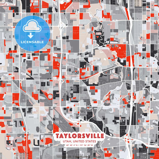 Taylorsville, Utah, United States - modern street map poster template with gray and red tones