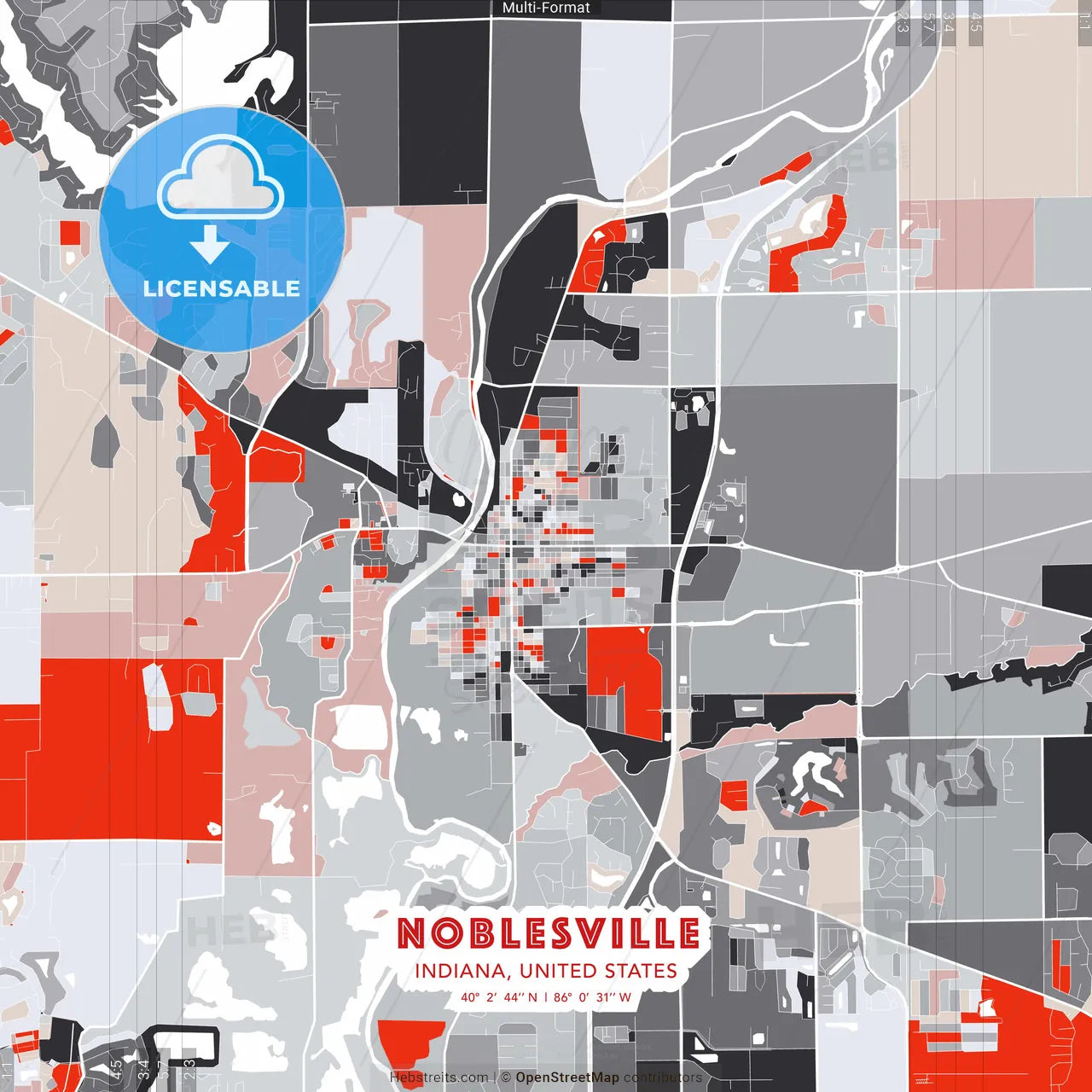 Noblesville, Indiana, United States - modern street map poster template with gray and red tones