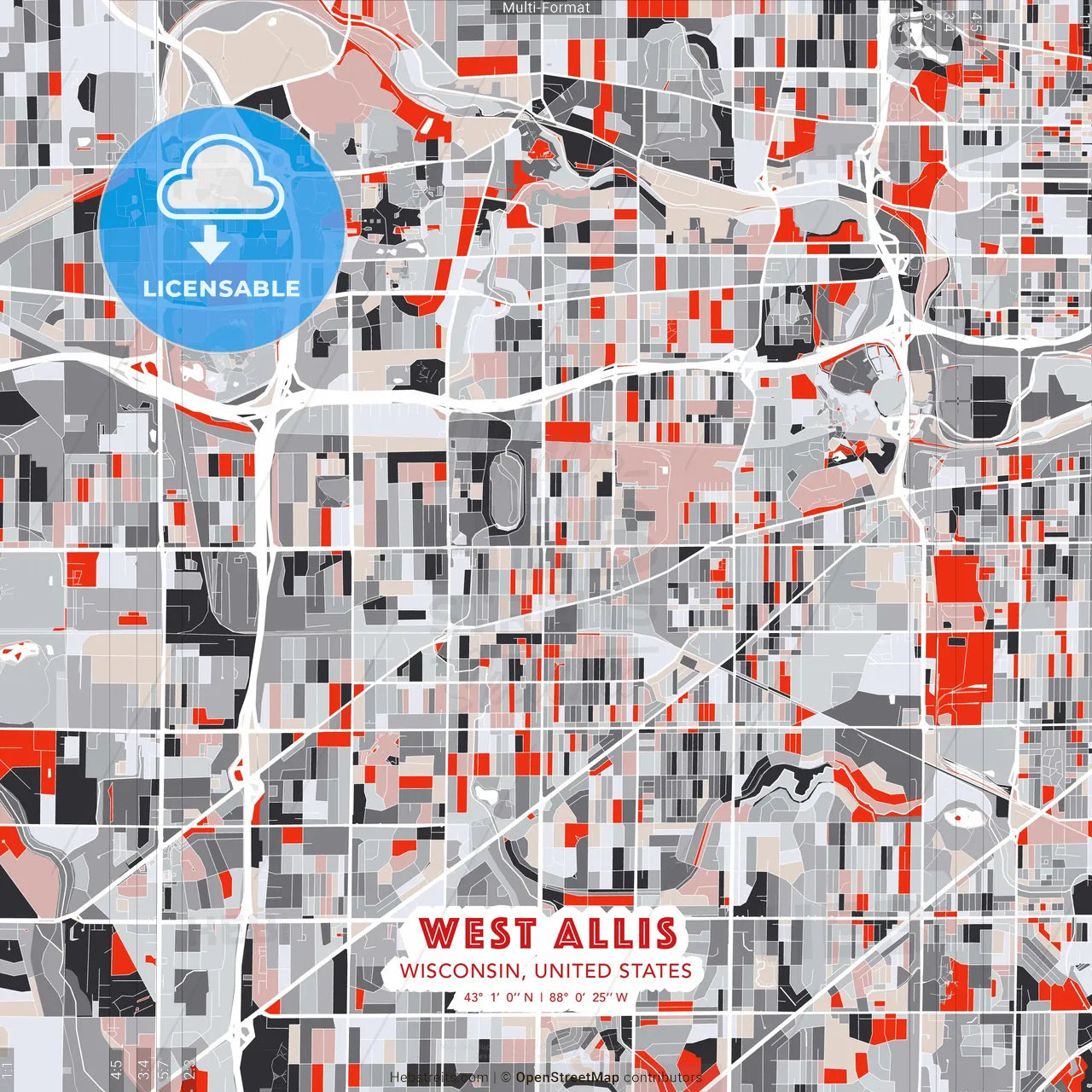 West Allis, Wisconsin, United States - modern street map poster template with gray and red tones