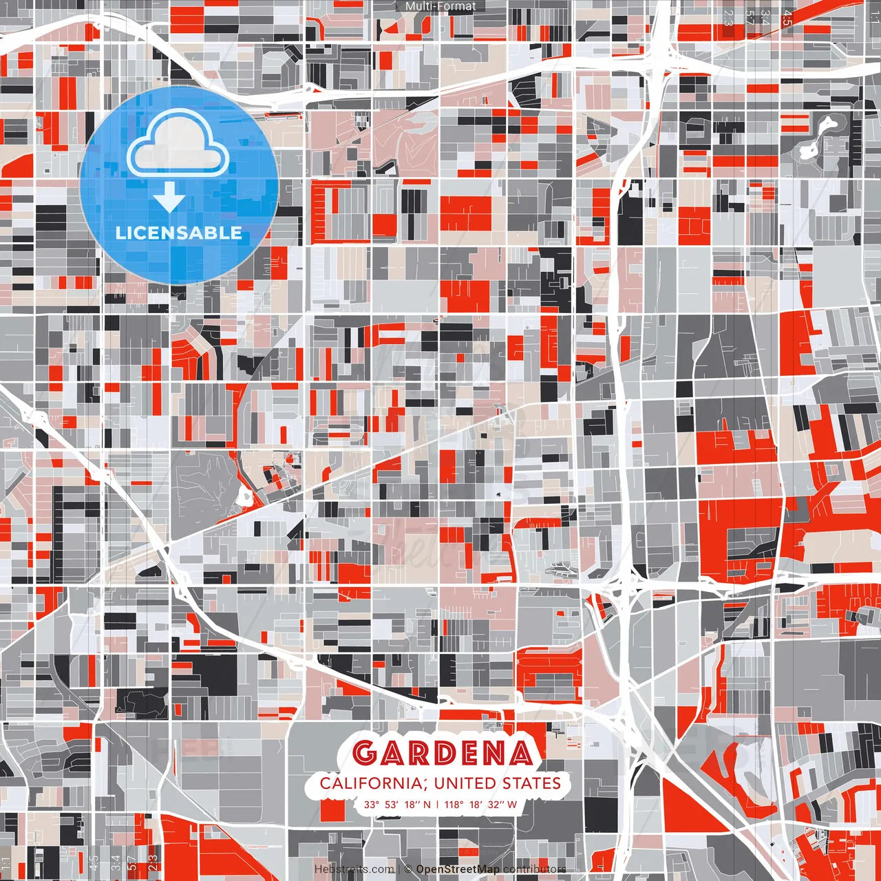 Gardena, California, United States - modern street map poster template with gray and red tones