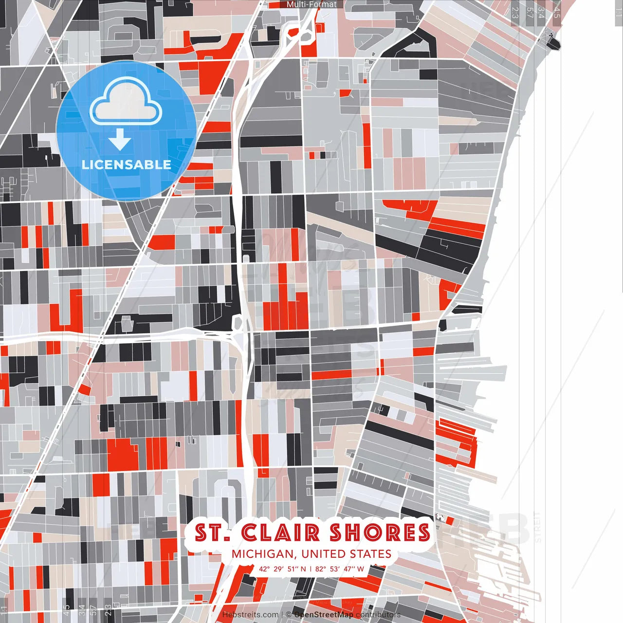 St. Clair Shores, Michigan, United States - modern street map poster template with gray and red tones