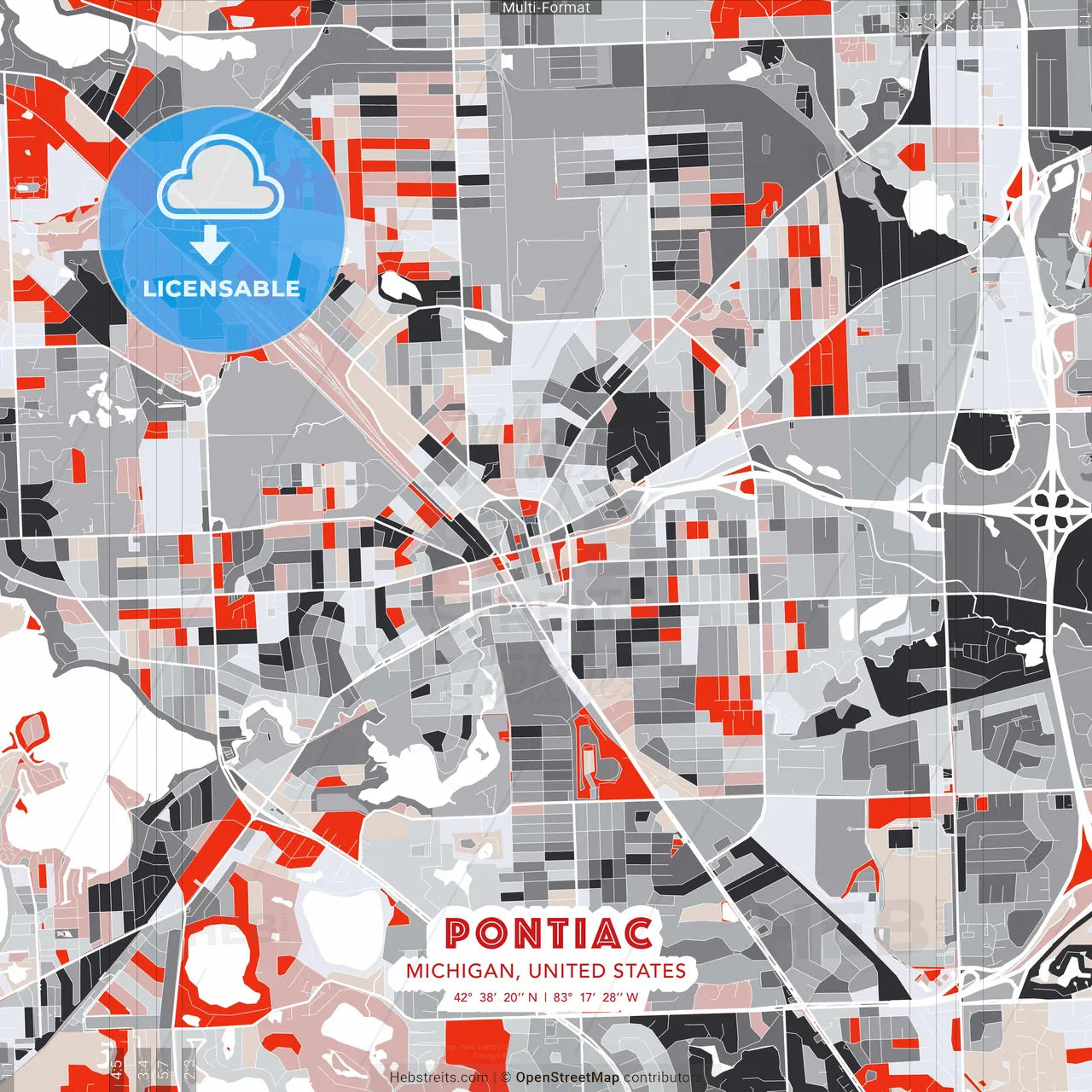 Pontiac, Michigan, United States - modern street map poster template with gray and red tones