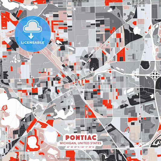 Pontiac, Michigan, United States - modern street map poster template with gray and red tones