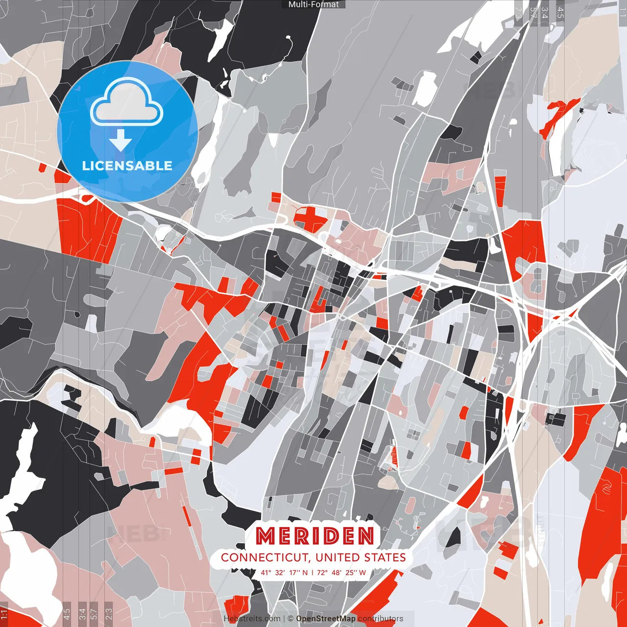 Meriden, Connecticut, United States - modern street map poster template with gray and red tones