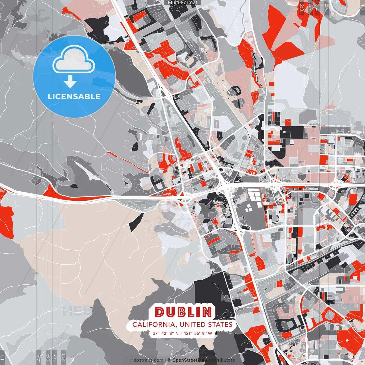 Dublin, California, United States - modern street map poster template with gray and red tones
