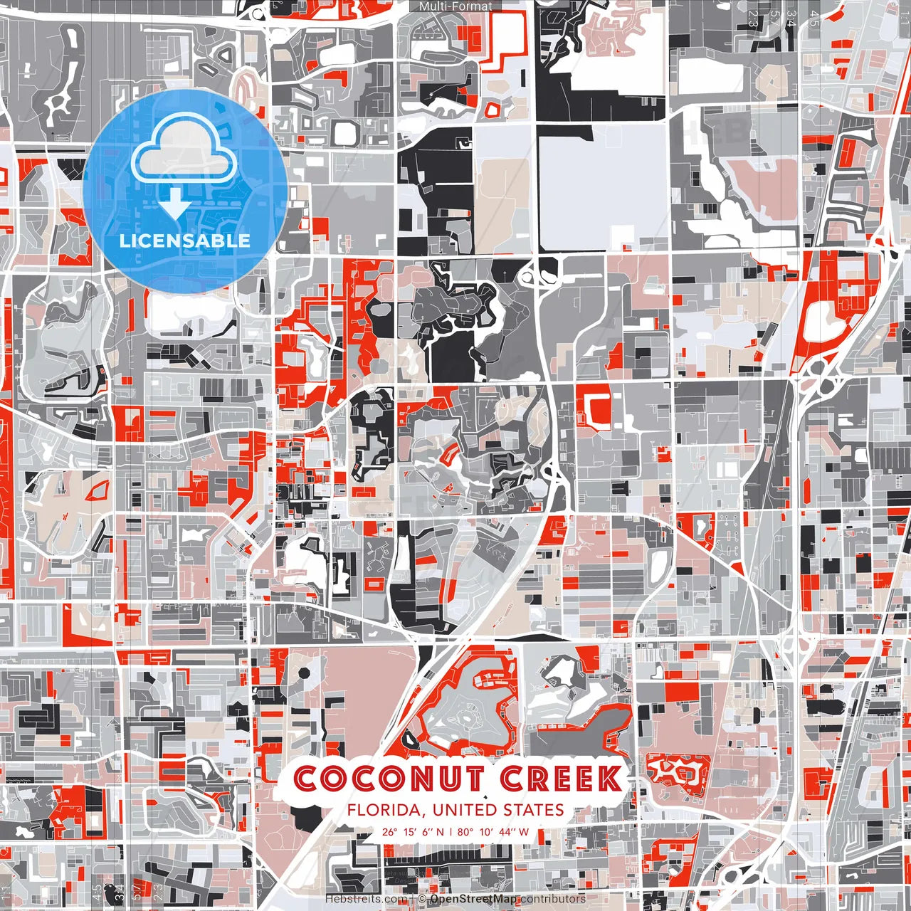 Coconut Creek, Florida, United States - modern street map poster template with gray and red tones
