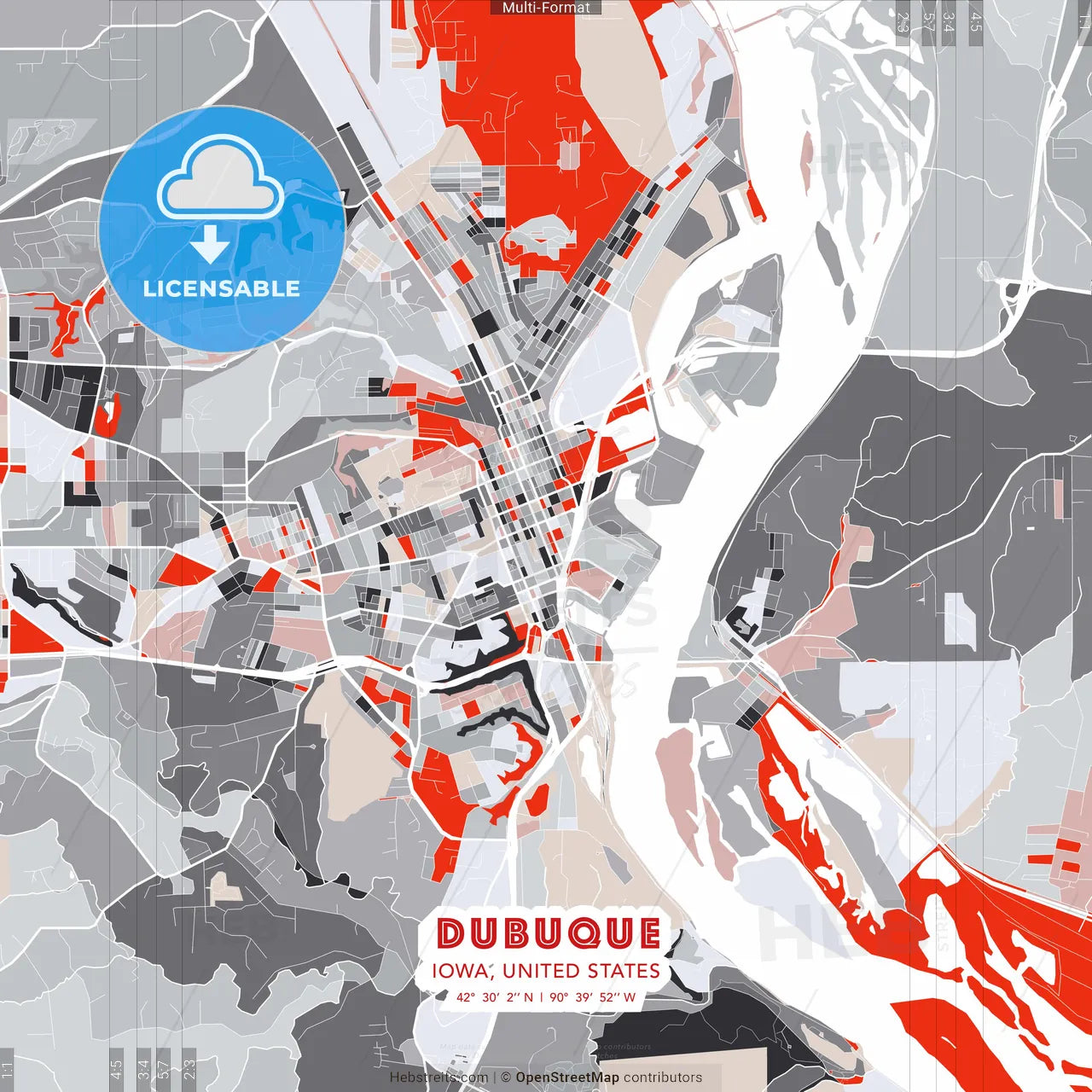 Dubuque, Iowa, United States - modern street map poster template with gray and red tones