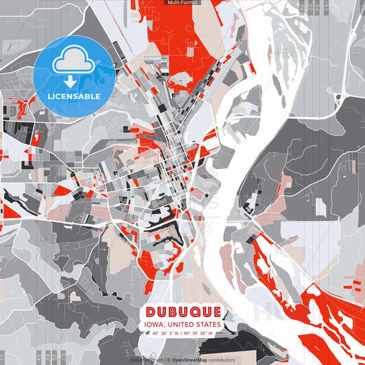 Dubuque, Iowa, United States - modern street map poster template with gray and red tones