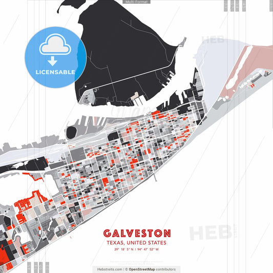 Galveston, Texas, United States - modern street map poster template with gray and red tones