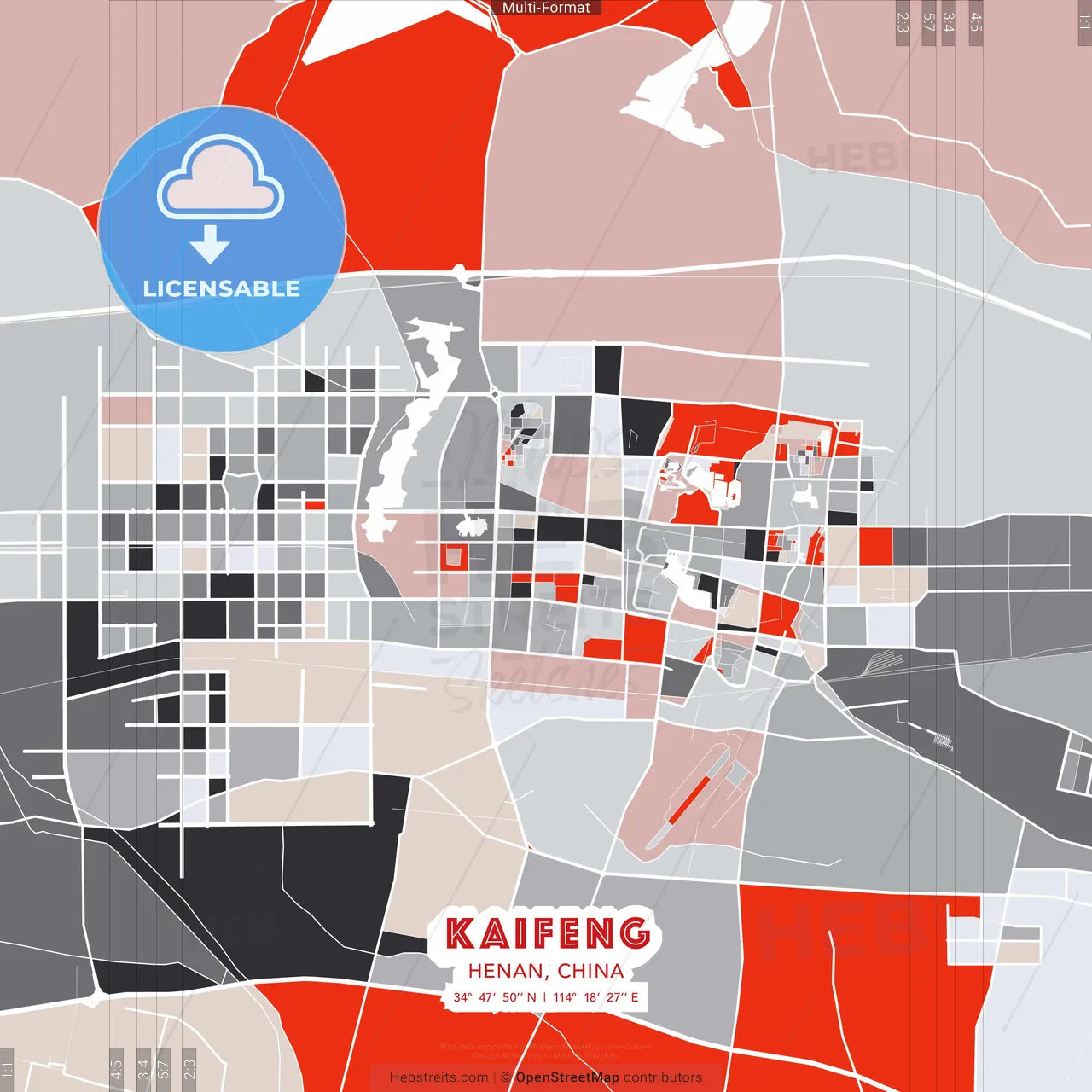Kaifeng, Henan, China - modern street map poster template with gray and red tones