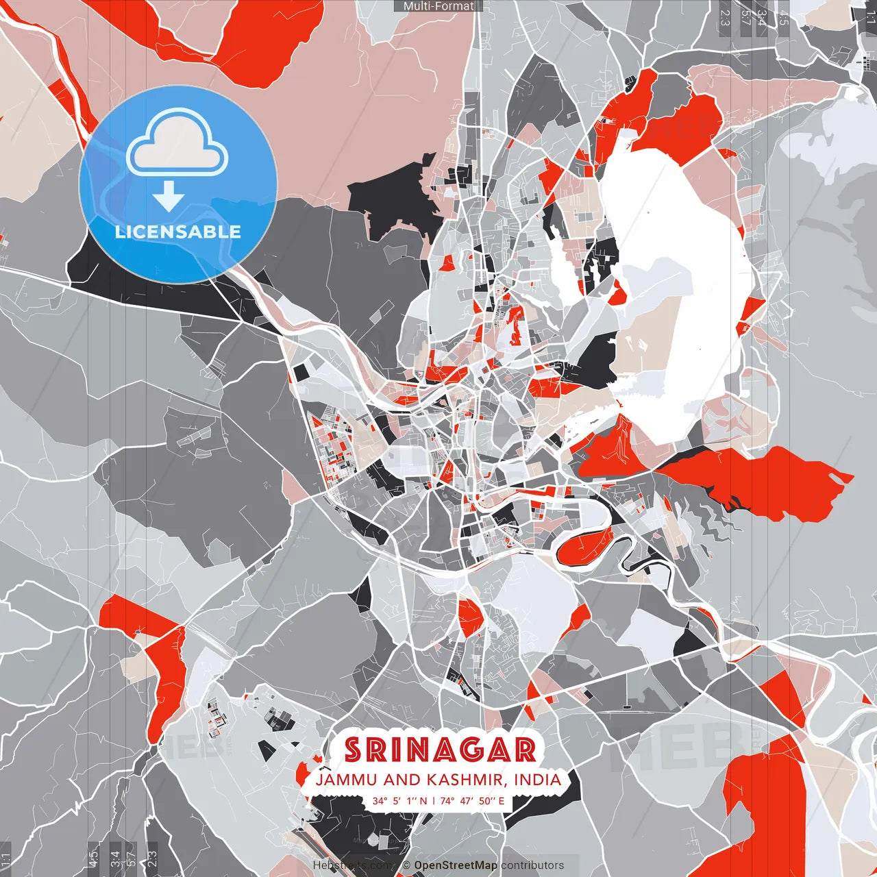Srinagar, Jammu and Kashmir, India - modern street map poster template with gray and red tones