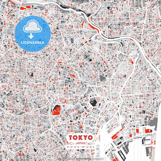 Tokyo, Japan - modern street map poster template with gray and red tones