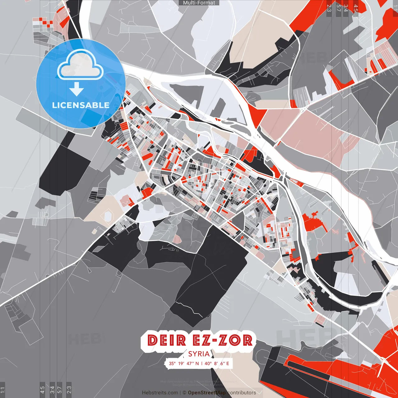 Deir ez-Zor, Syria - modern street map poster template with gray and red tones