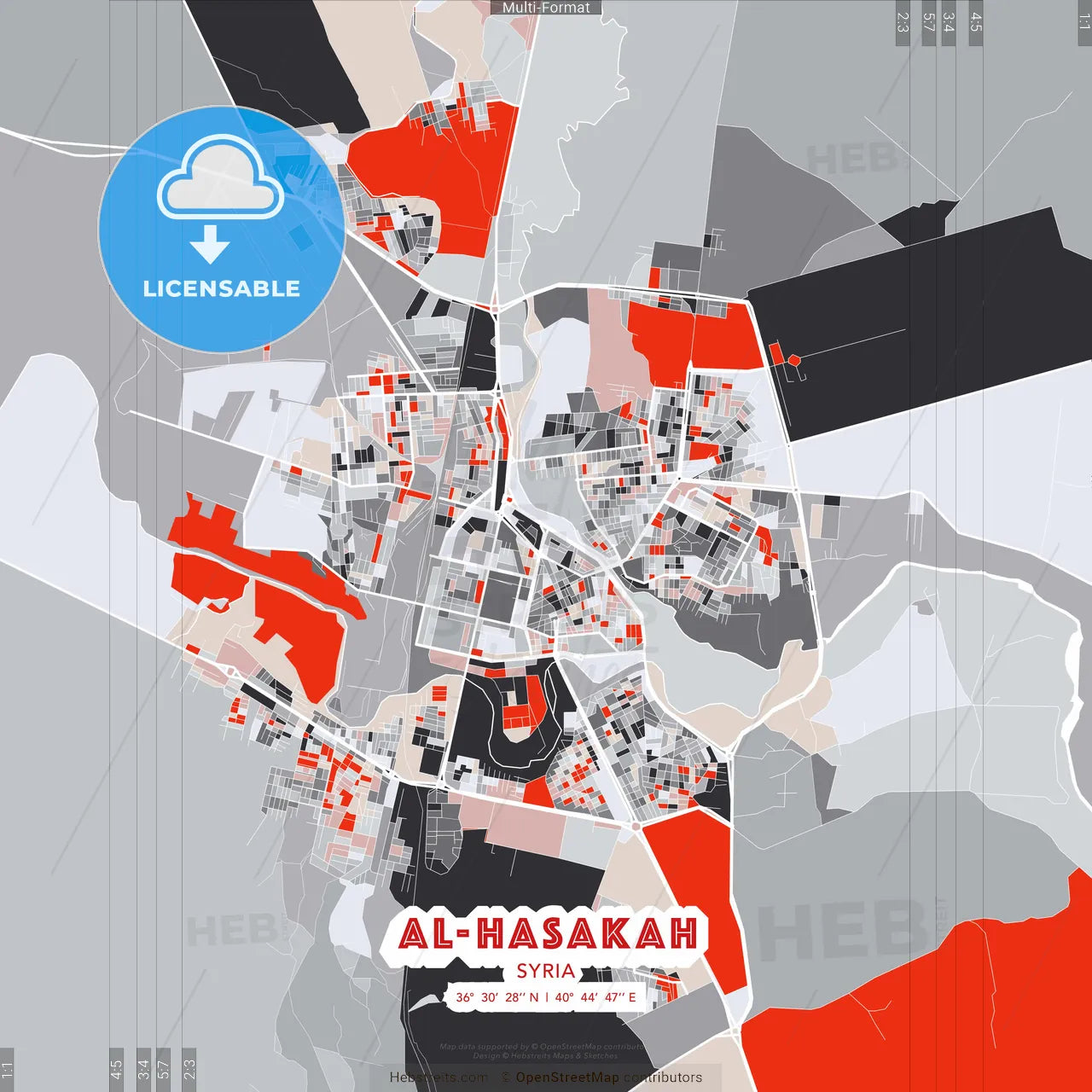 Al-Hasakah, Syria - modern street map poster template with gray and red tones