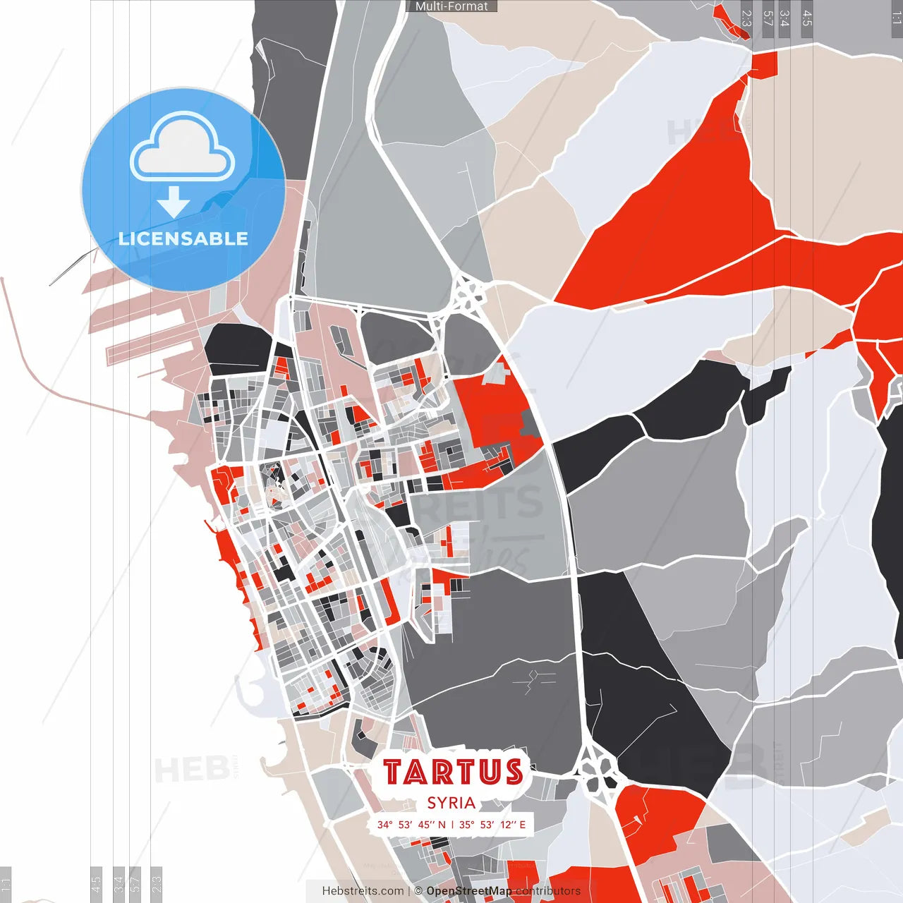 Tartus, Syria - modern street map poster template with gray and red tones