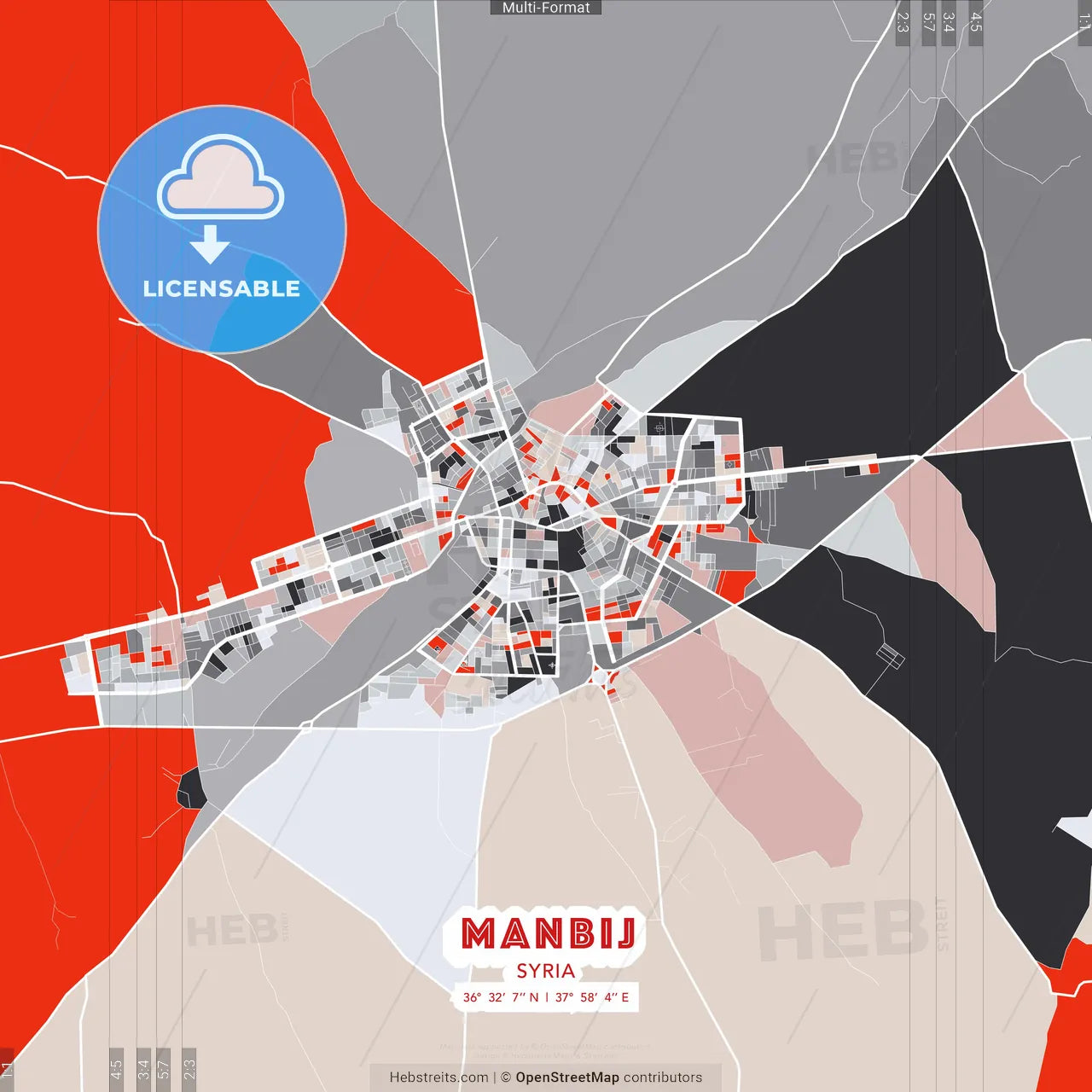 Manbij, Syria - modern street map poster template with gray and red tones