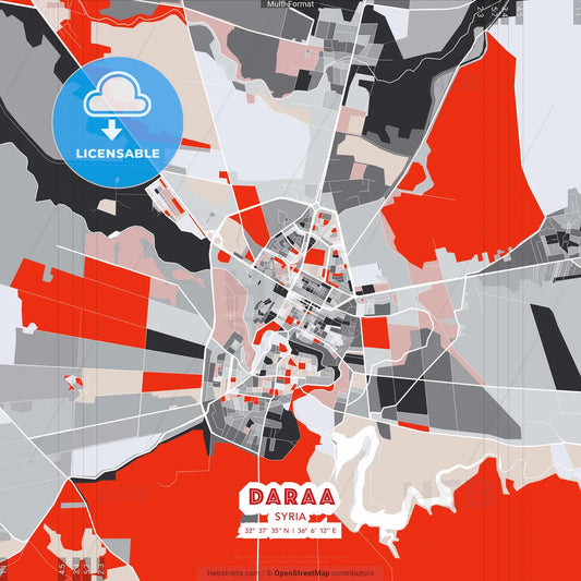 Daraa, Syria - modern street map poster template with gray and red tones