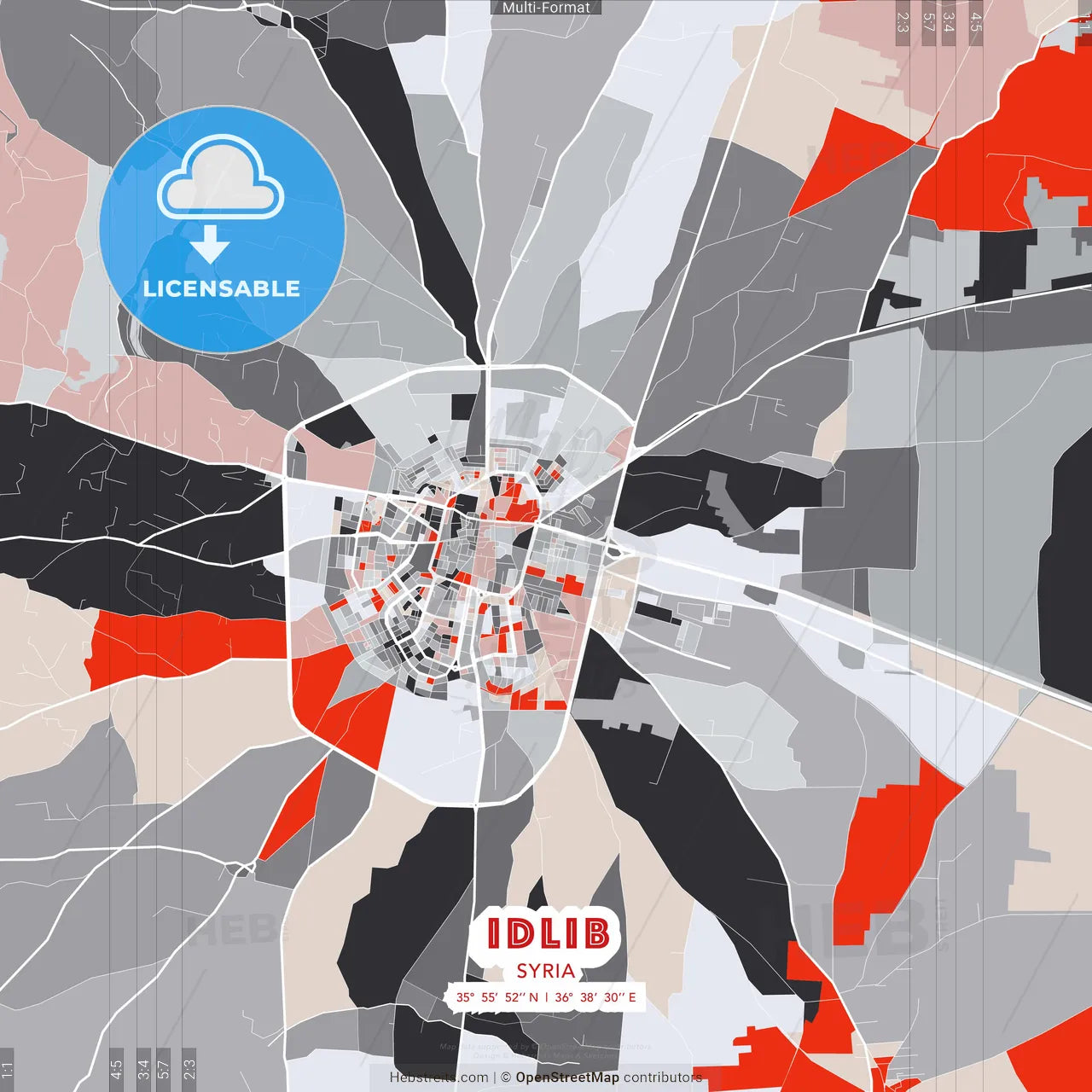 Idlib, Syria - modern street map poster template with gray and red tones
