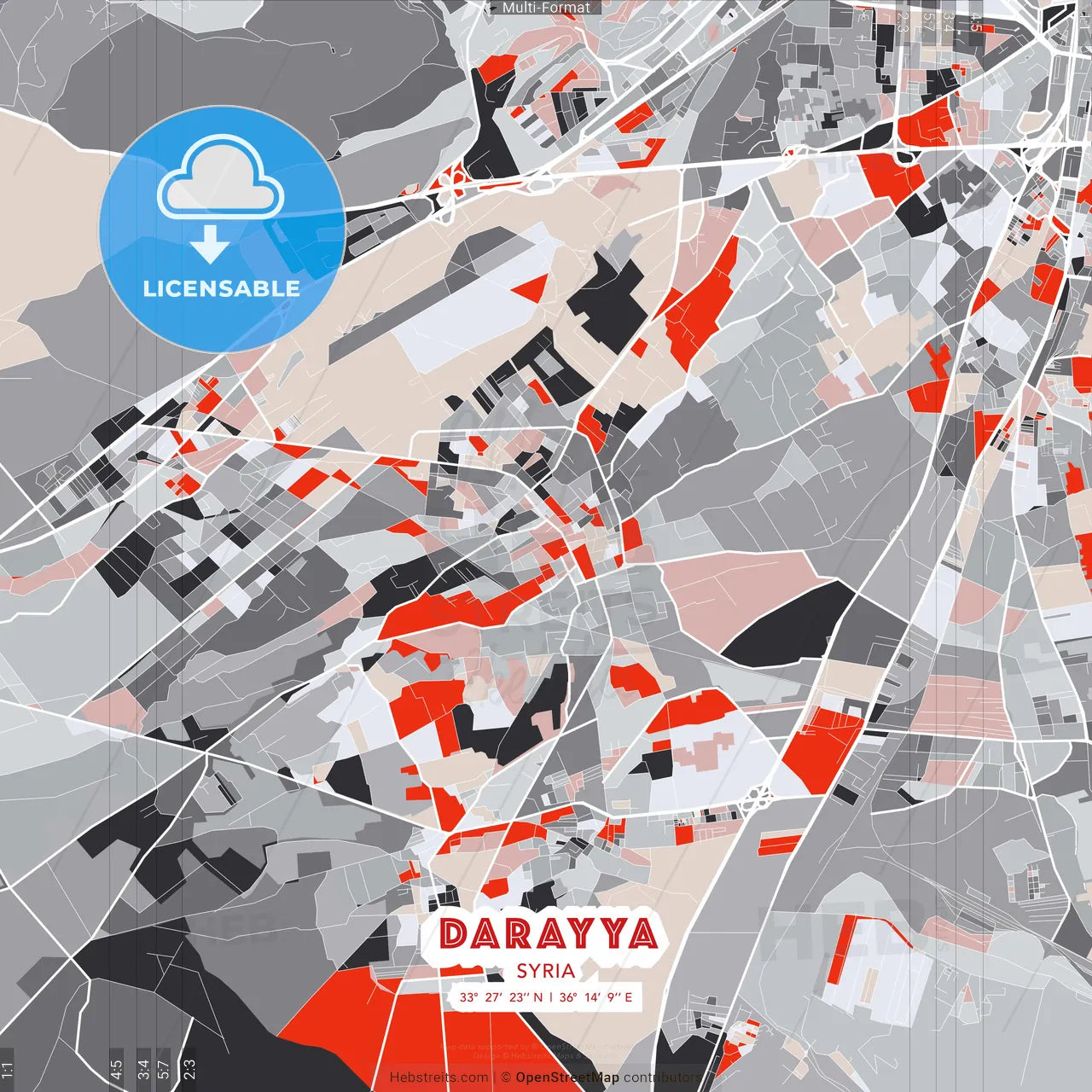 Darayya, Syria - modern street map poster template with gray and red tones